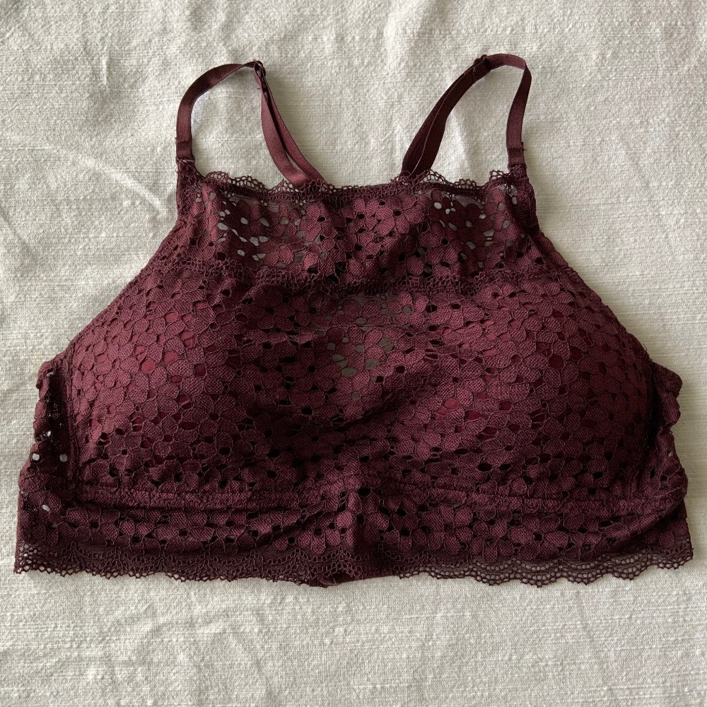 Women’s Bralette Fitted Crop Top Burgundy Lace Sleeveless Strap Size L